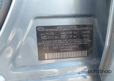 2010 Hyundai Sonata Gls z USA, uszkodzony, nr VIN 5NPET4AC6AH604850